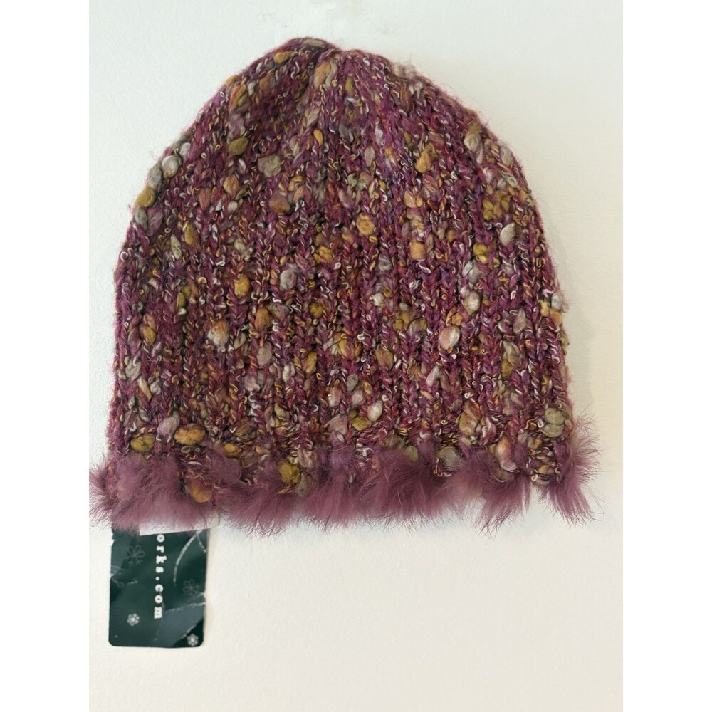 Neckworks Women's Knit Beanie Hat w/ Rabbit Fur Trim Multicolor Purple OS